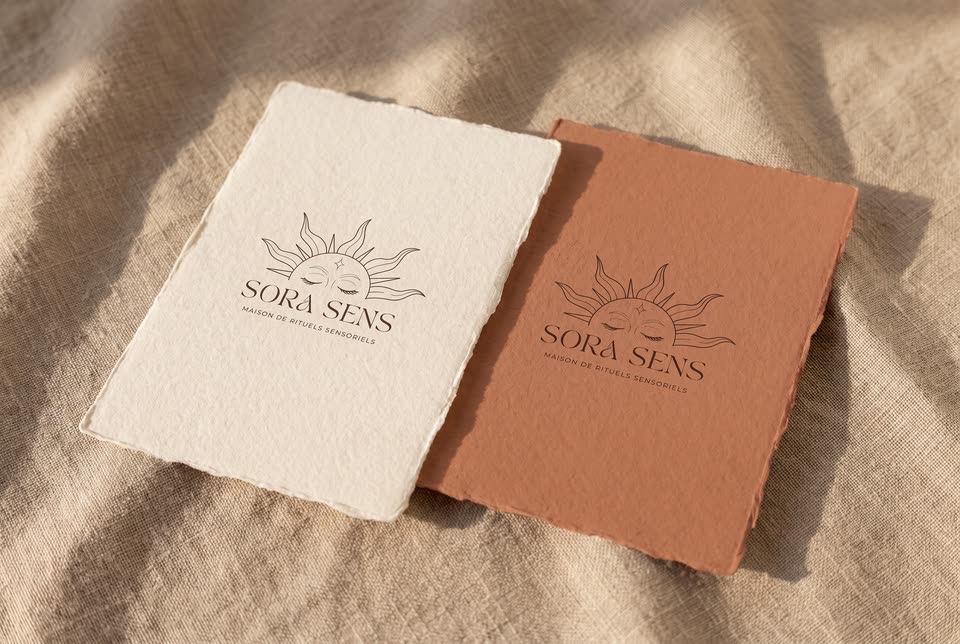 La carte cadeau Sora Sens : la marque solaire dorée sur fond crème.